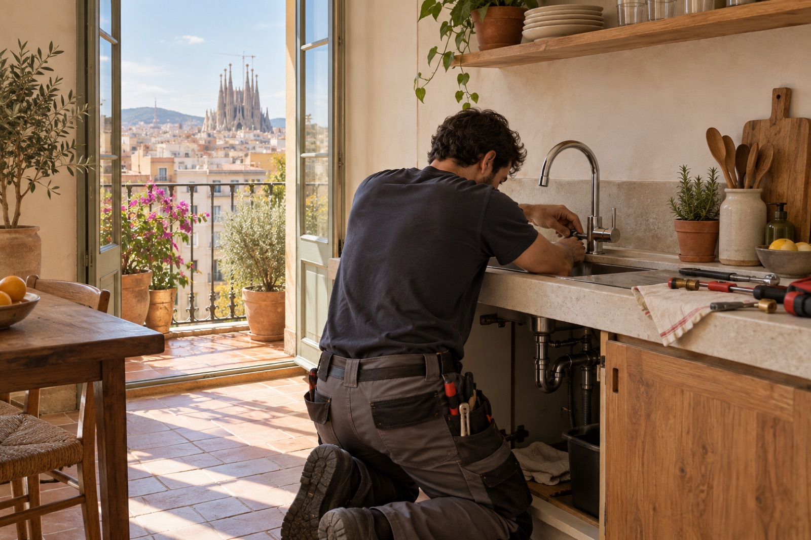 Profesional realizando una reparación de fontanería en una vivienda de Barcelona